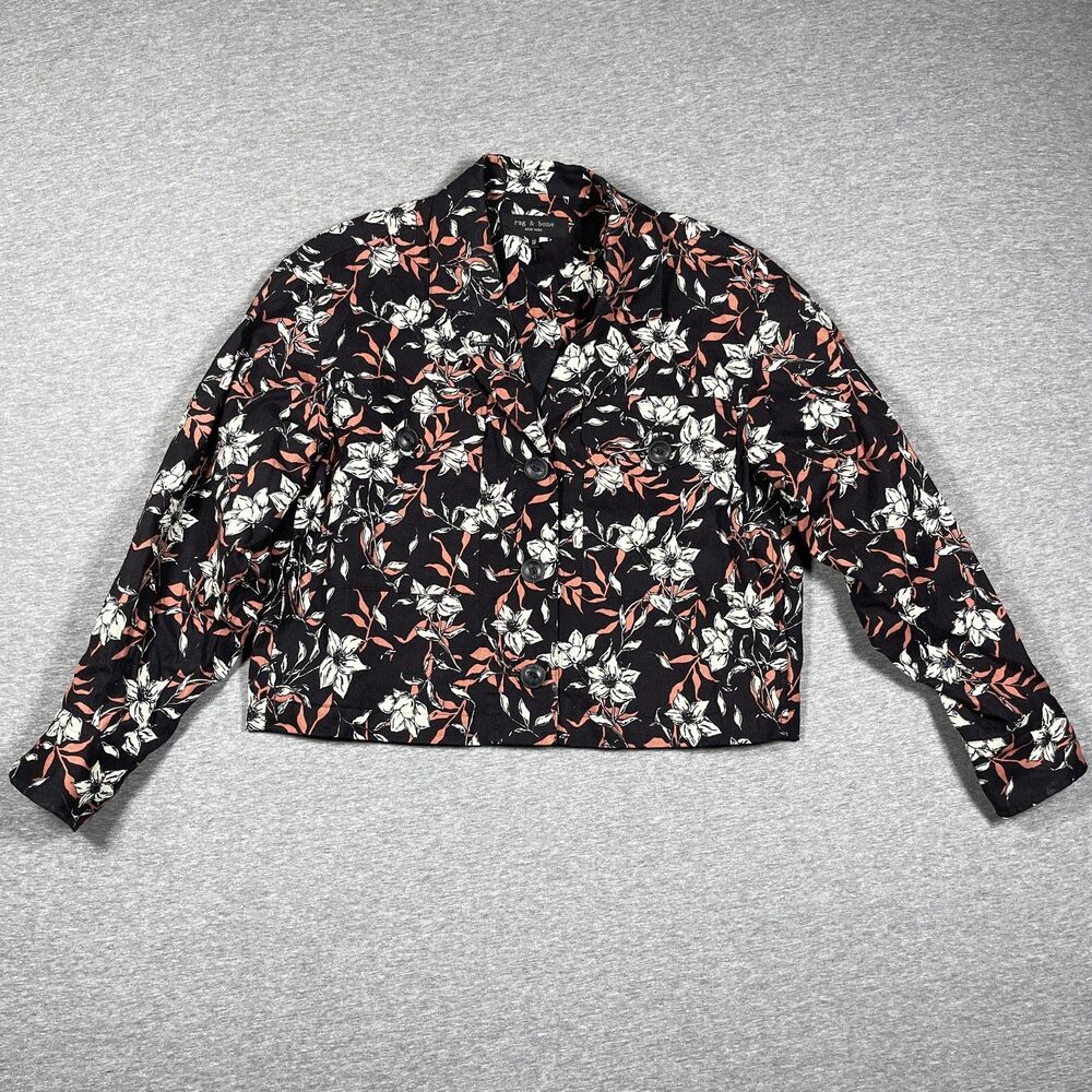 Rag & Bone Blazer Womens XS Black Floral Cropped Tailored Lined Three-Button